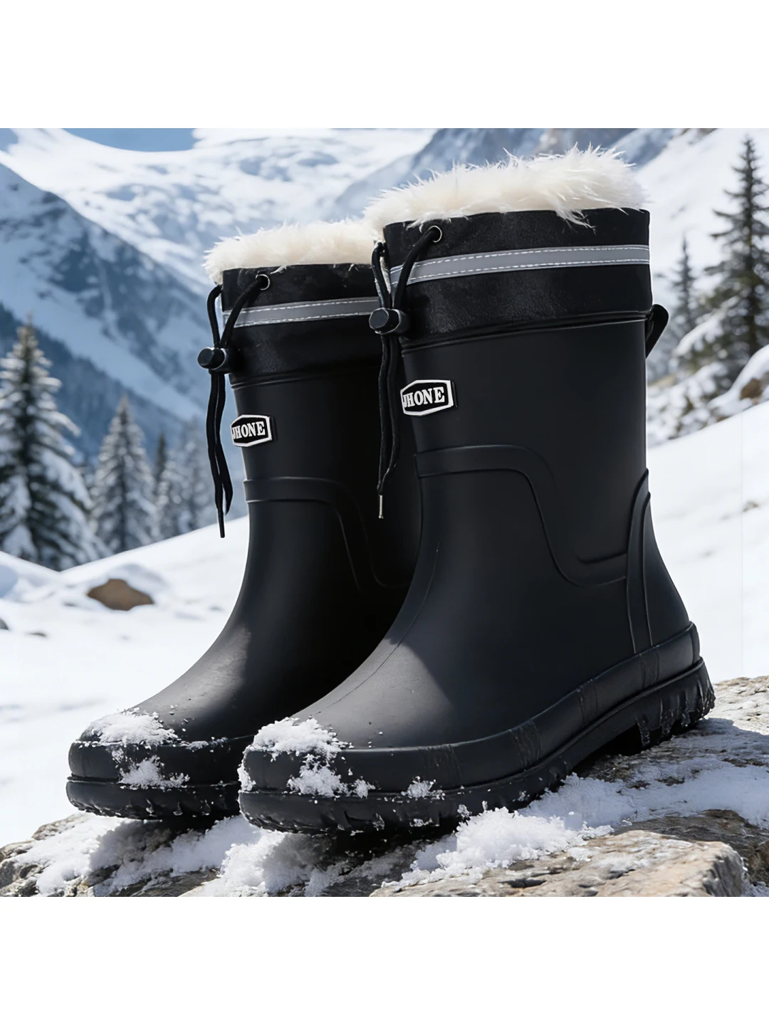 Thickened Fleece Lined Rain Boots Men's Autumn Winter Large Size 48 Waterproof Windproof Night Reflective Strip Shoes
