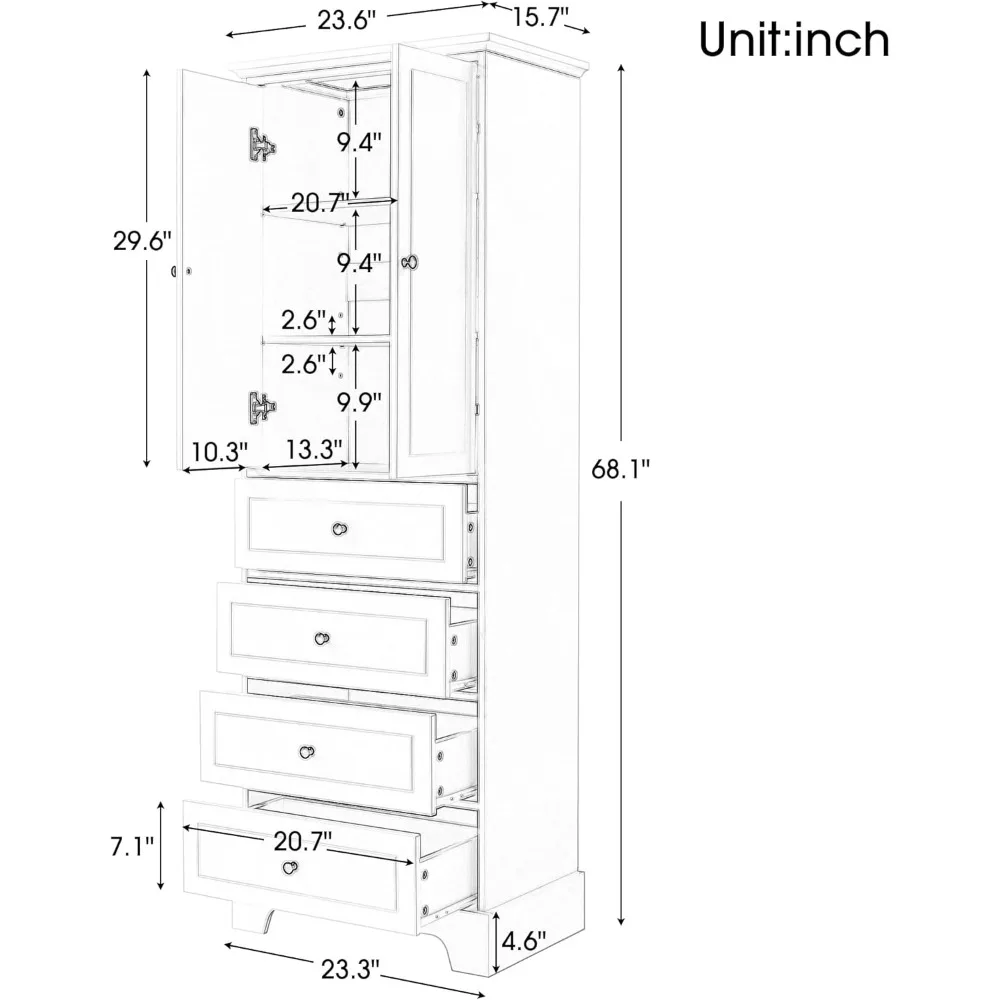 High bathroom locker with 2 doors and 4 drawers, free-standing floor cabinet with adjustable shelves, large wood linen cabinet