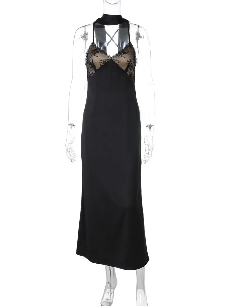 Mozision Halter V Neck Sexy Maxi Dress Women Fashion Hollow Out Spaghetti Strap Sleeveless Backless Bodycon Elegant Long Dress