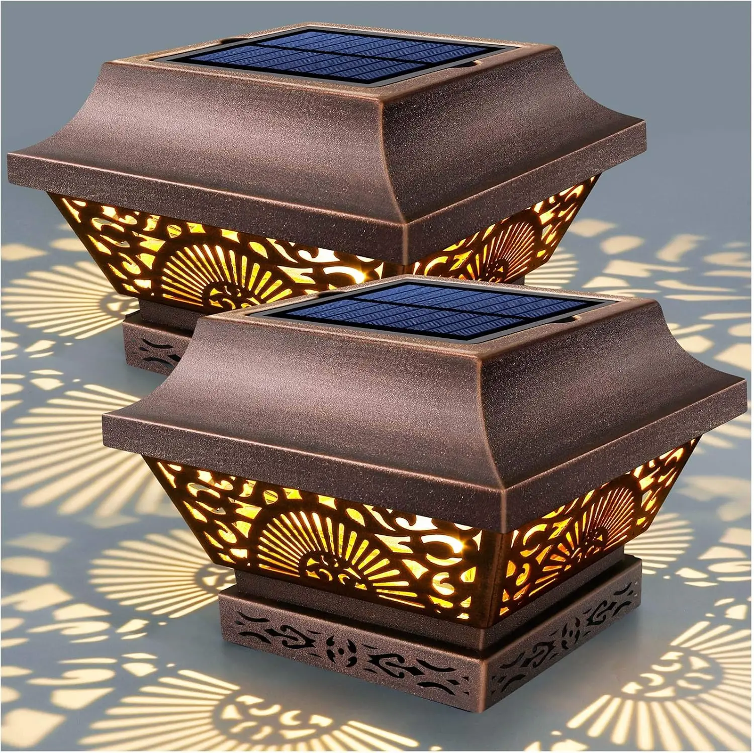 

Solar Post Lights 2 Pack, Waterproof LED for Wooden Fence Posts, 25 Lumen Warm White, Copper