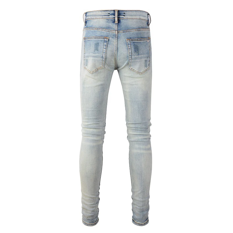 Men Cracked Pleated Patch Biker Jeans Streetwear Stretch Denim Skinny Pants Light Blue Holes Ripped Trousers