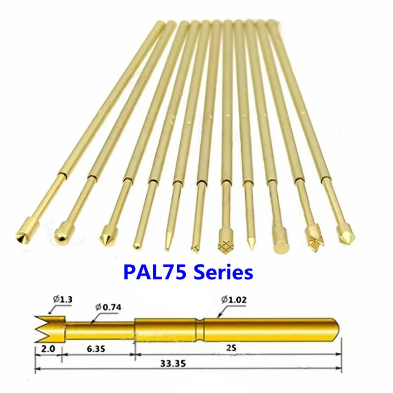 10PCS Gold-plated PAL75/A2/B1/H2/Q1/Q2/E2/T2/G2/F1 Spring Test Pin Outer Diameter 1.02mm Total Length 33.35mm For ICT Testing