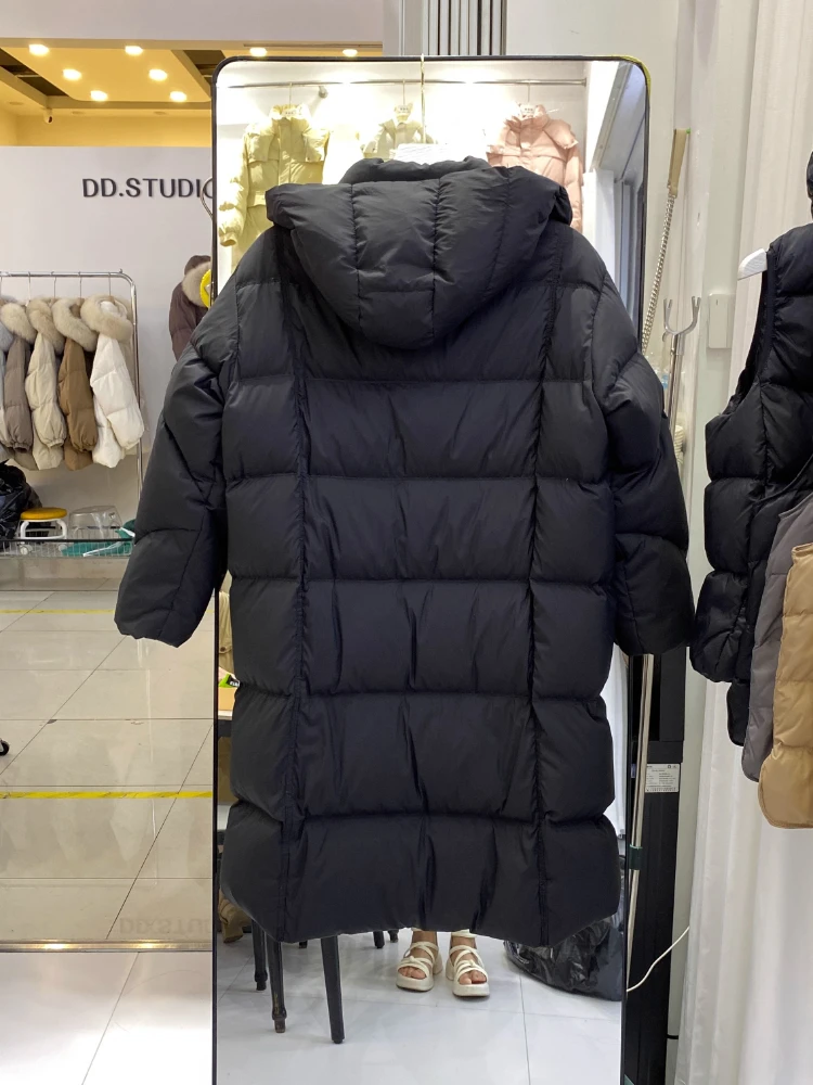 여성용 푹신한 다운 재킷 겨울 롱 후드 파카 2025 신상 두꺼운 따뜻한 루즈핏 오버사이즈 솔리드 컬러 90% 화이트 덕다운 푸퍼 코트