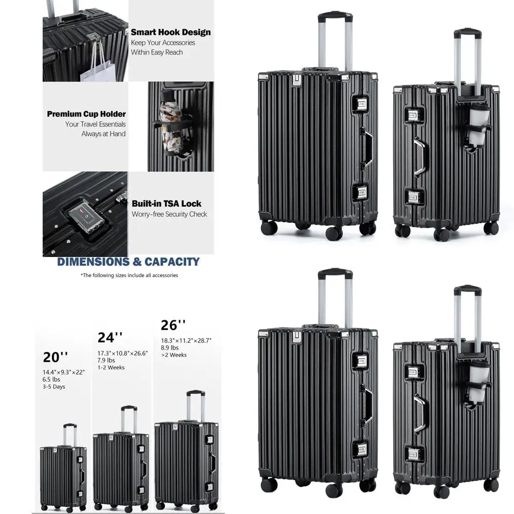 

20 Inch Aluminum PC Hard Shell Spinner Suitcase with Cup Holder, Zipperless Design for Business Travel, Black