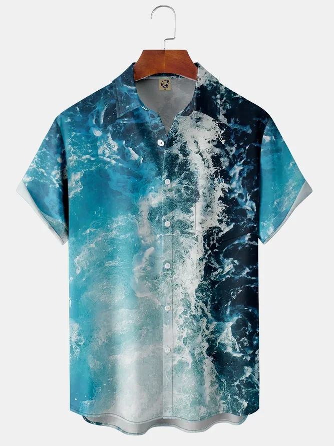 

New Ocean Waves Print Shirt Nature Feel Buttons Soft Breathable Chest Pocket Fashion Short Sleeve Shirts Tops