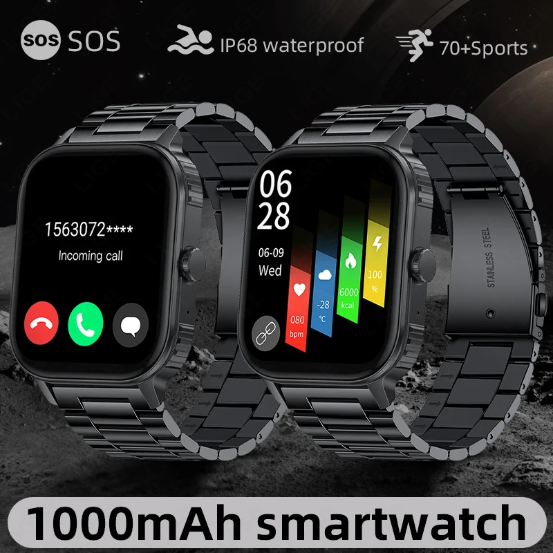 

LIGE Smart Watch 1000mAh Large Battery 2026 New Health Monitor 2.04" HD Display Bluetooth Call IP68 Waterproof Sports Smartwatch