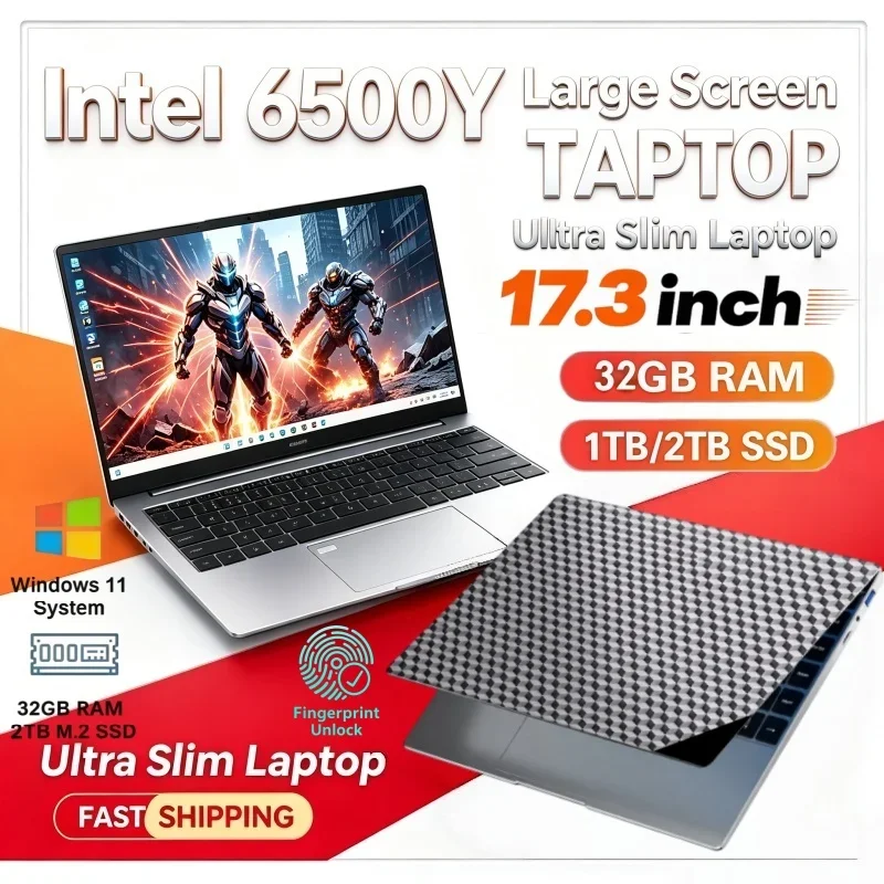 17.3 Inch Hot Sale Large Screen Laptop Intel 6500Y Windows11 Portable for Study Office16/32GB RAM 1/2TB BIG SSD