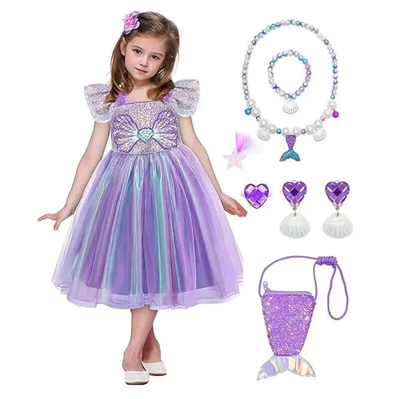 

7PCS Kids Girls Cosplay Costume Princess Dress Pearl Sequin Flying Sleeve Tulle Dress+Accessories For Birthday Halloween Party