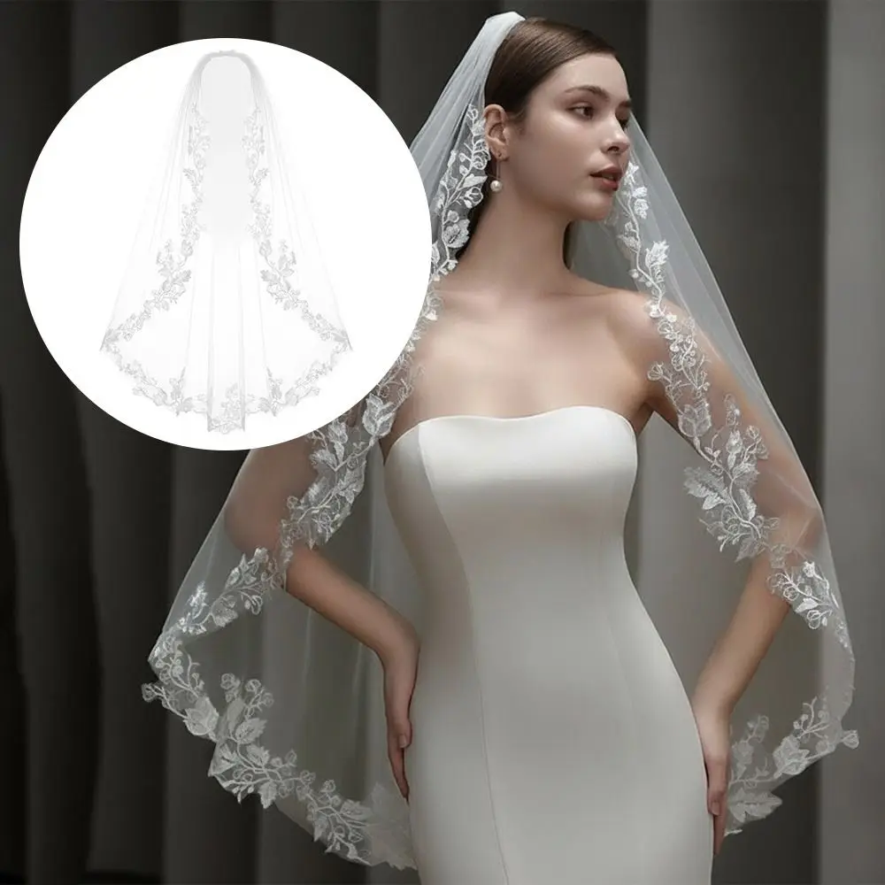 Vintage 100cm Wedding Veil Soft Tulle One Layer Bridal Veil White Ivory Lace Appliques Bridal Headdress Brides