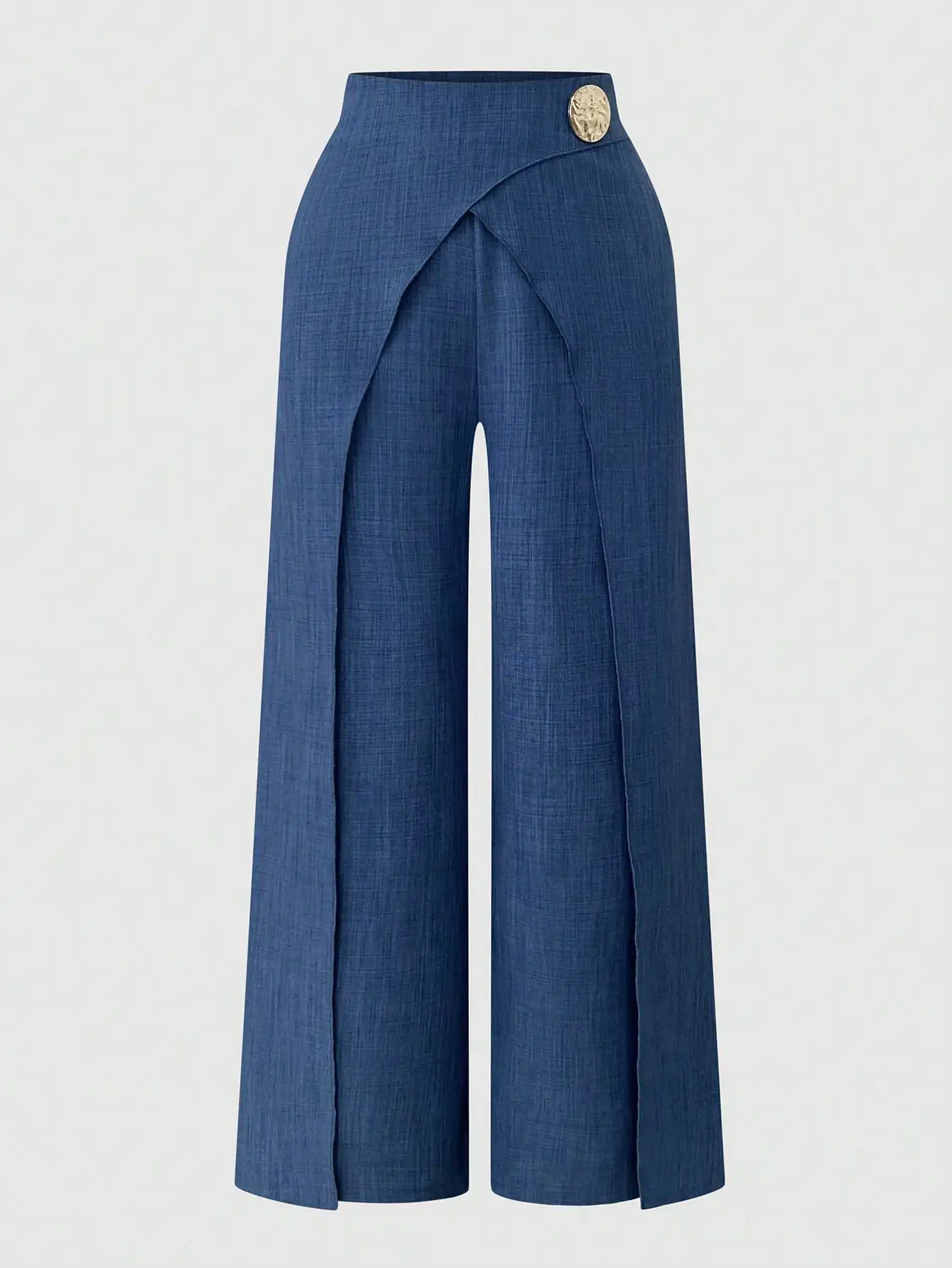 

Women Wide Leg Pants With Golden Buckle Overlapping Design Casual Chic