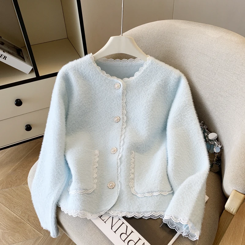 

2026 Spring New Fragrant Thick Coat Women's Solid Color Imitation Mink Velvet Knitted Cardigan Top