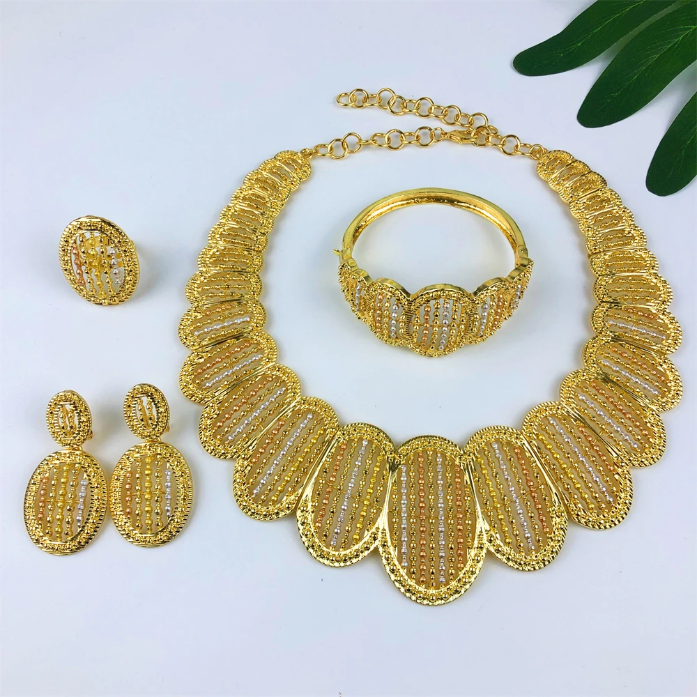 18K Gold Plated Jewelry Set for Women Retro Style Necklace Earrings Bracelet Dubai Luxury Jewellery African Wedding Party Gift