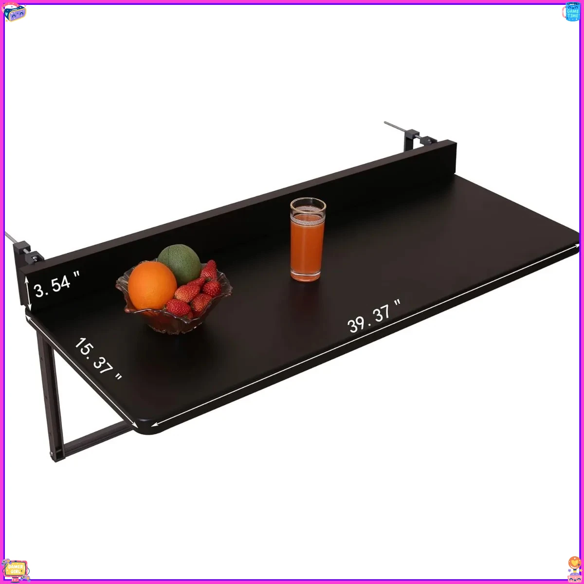 Mesa suspensa preta, montagem em trilho de varanda, mesa lateral dobrável ajustável para pequenos espaços, pátio, jardim, uso em apartamentos.