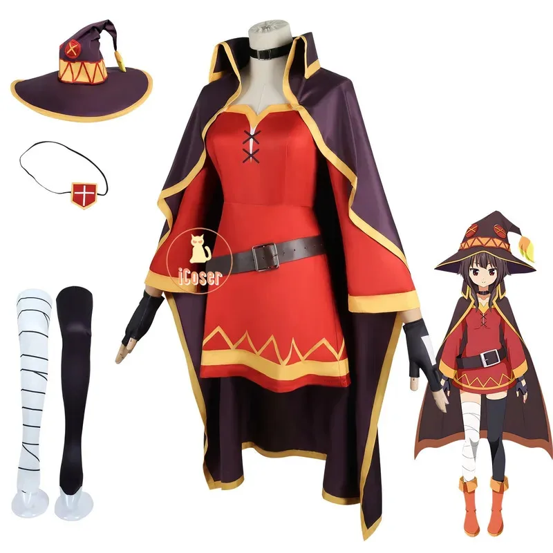 Peluca de Cosplay de Anime KonoSuba Megumin, disfraz de bruja clásica, uniforme, capa, sombrero, venda para los ojos, medias para fiesta de Halloween, 6'x, 9;y'