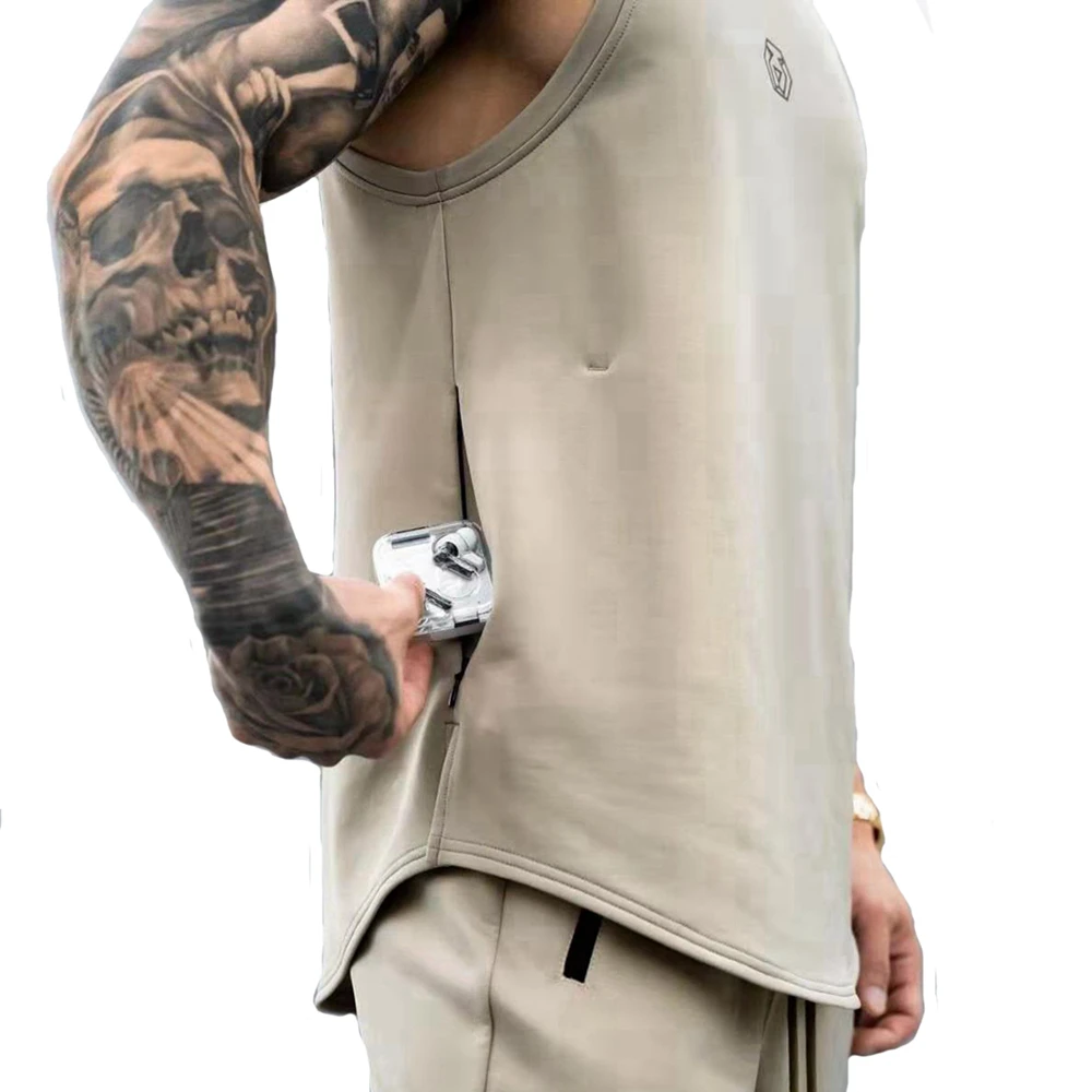 Mens Cotton Sleeveless Vests Zipper Pocket Summer Breathable Male Tight Gyms Bodybuilding Undershirt Fitness Tank Tops