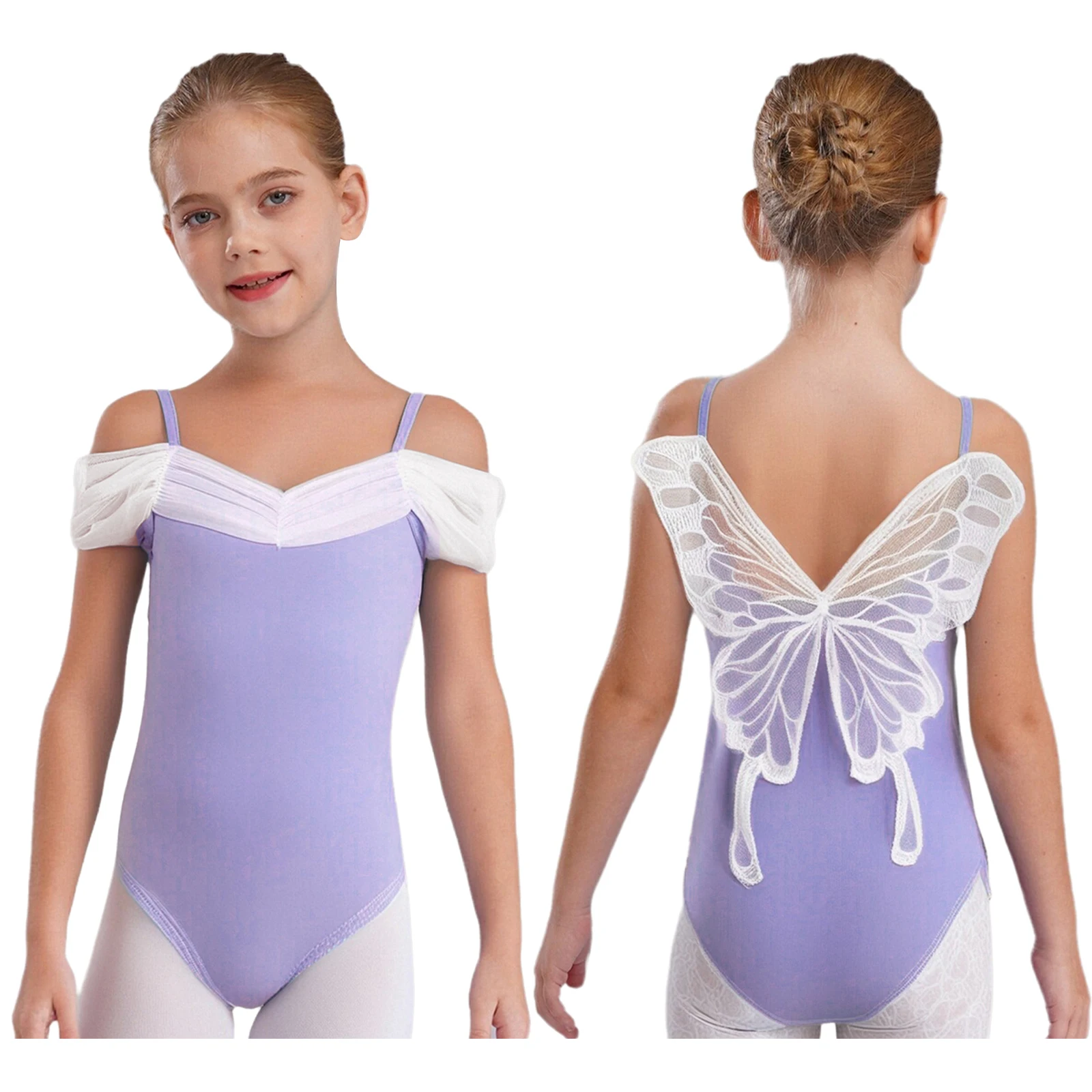 #110-170 Kids Girls Ballet Gymnastics Performance Dance Costume Butterfly Back Ruched Mesh Collar Ballet Warm-up Dance Leotard