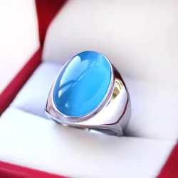 New Male Fashion Blue Oval Stone Stainless Steel Cat's Eye Ring for Men Women Classic Bling Men's Party Wedding Jewelry Gift