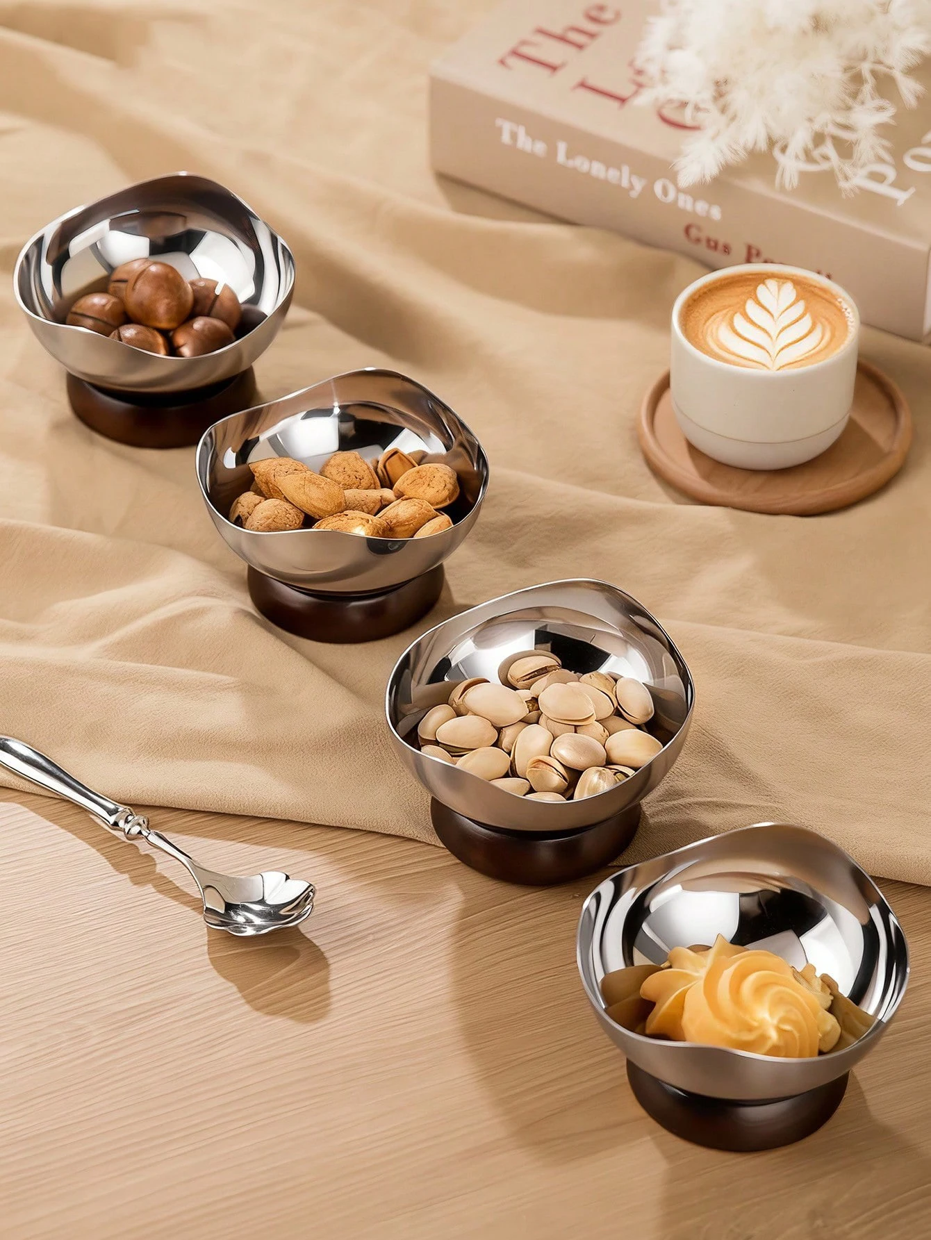 1/2/3/4/6/12pcs Stainless Steel Dessert Bowls with Wooden Base, Fruit Date Palm Snack Serving Bowls for Family Gatherings