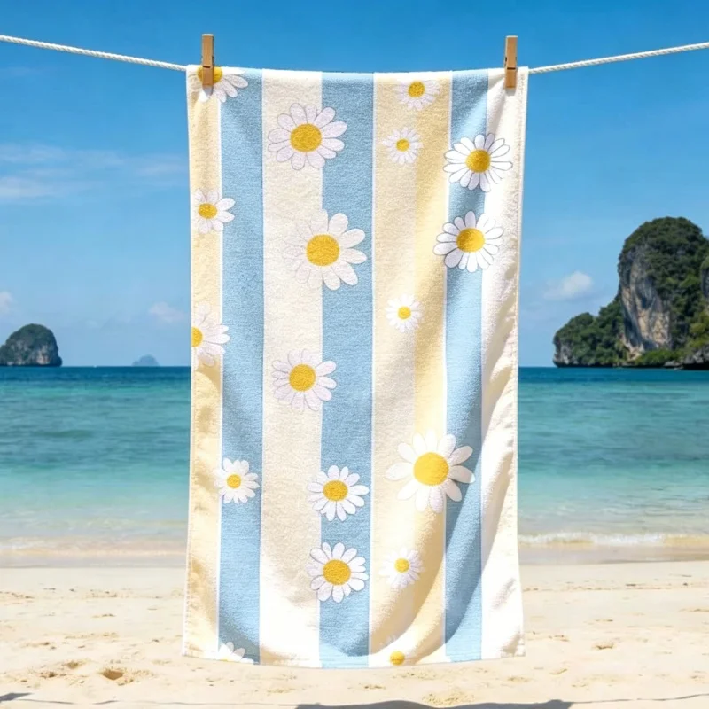 Retro Daisy Striped Beach Towel, Quick Dry Soft Cotton, Pink & Beige Stripes with White Daisies for Summer Pool Use