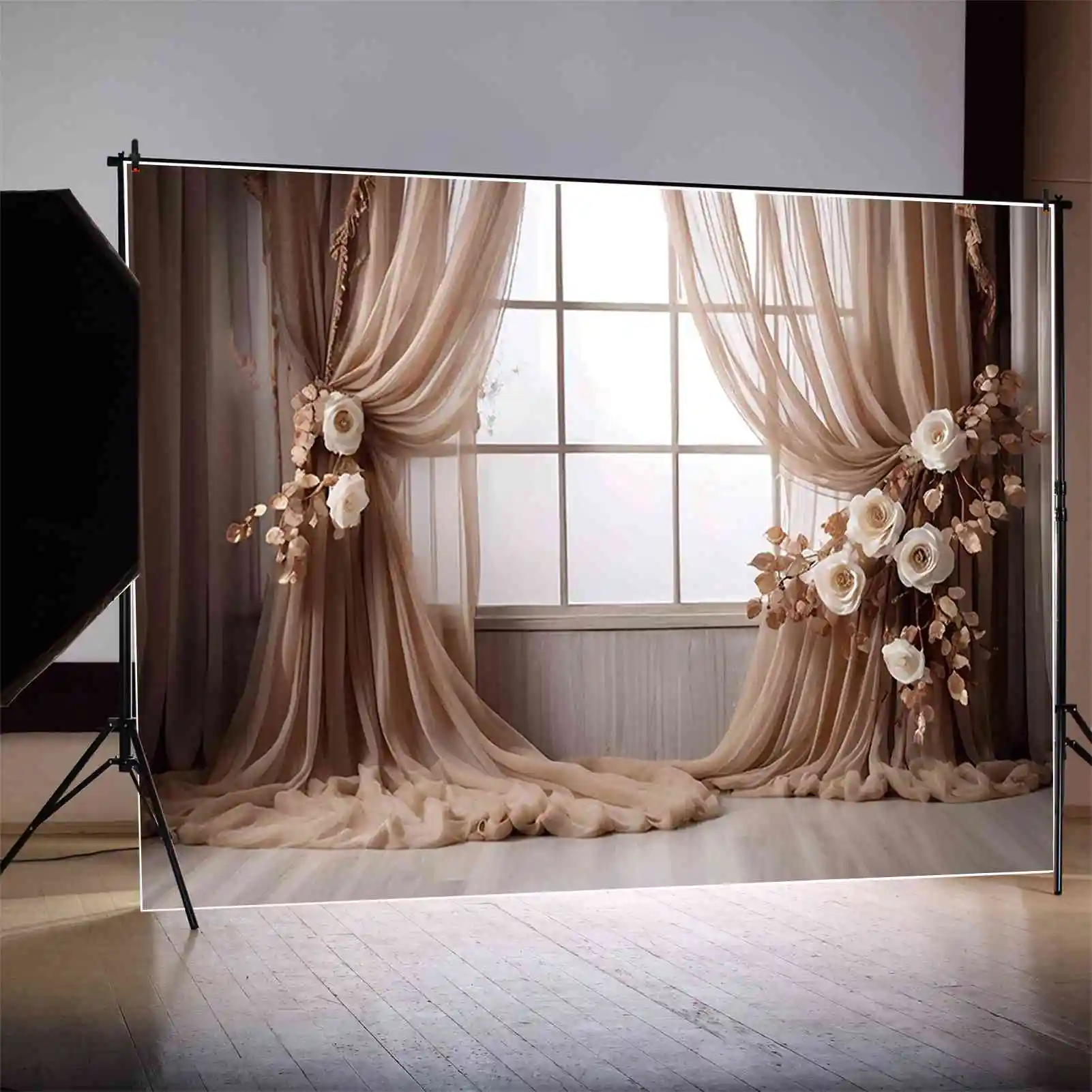 MOON.QG tenda trasparente sfondi di compleanno donne fondali di fiori bohémien in legno puntelli fotografici personalizzati per la decorazione del partito
