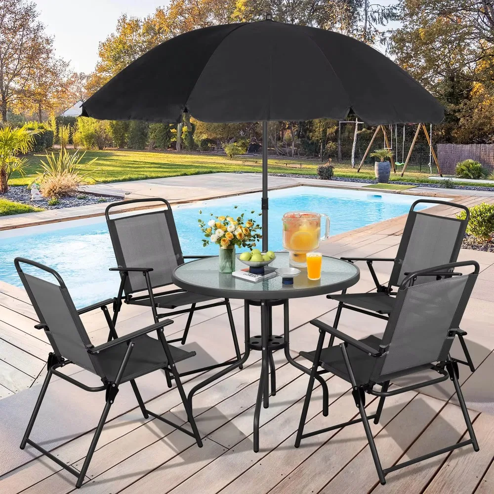 6-Piece Folding Outdoor Dining Set Metal Garden Furniture Table and Chair with Beach Umbrella