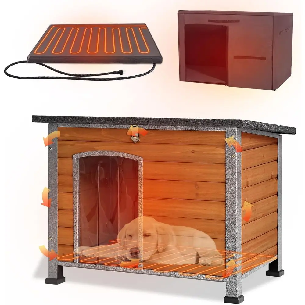 

Weatherproof Insulated Outdoor Dog House with Metal Frame, Heating Pad, 6-Sided Liner, PVC Door Curtain for Winter Use (Brown)