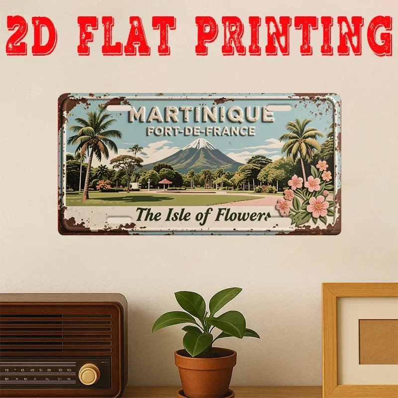 2D Flat, 1pc Martinique Fort-de-France Metal Tin Sign - Vintage French Caribbean Wall Art with Mount Pelee Volcano & French Text