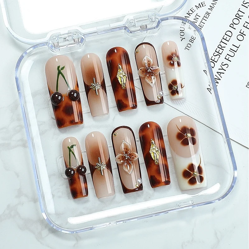 

Vintage Tortoise Shell & Cherry Floral Press - on Nails - Elegant Almond False Nails（Cd002）