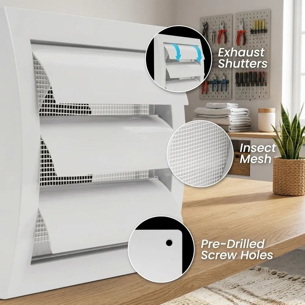 White Plastic Wall Ventilation Grille Kit Louvered Hood With Pipe Sleeve And Mounting Screws For Bathroom Kitchen Dryer
