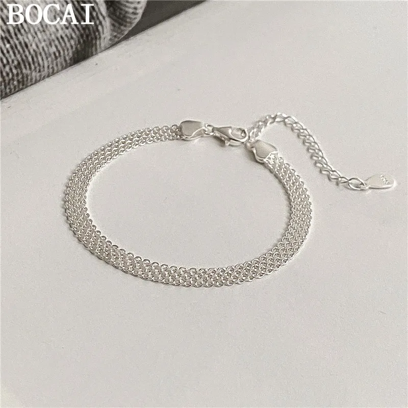 BOCAI NEW S925 Silver Simple And Fashionable White Silver Wide Version Sparkling Bracelet