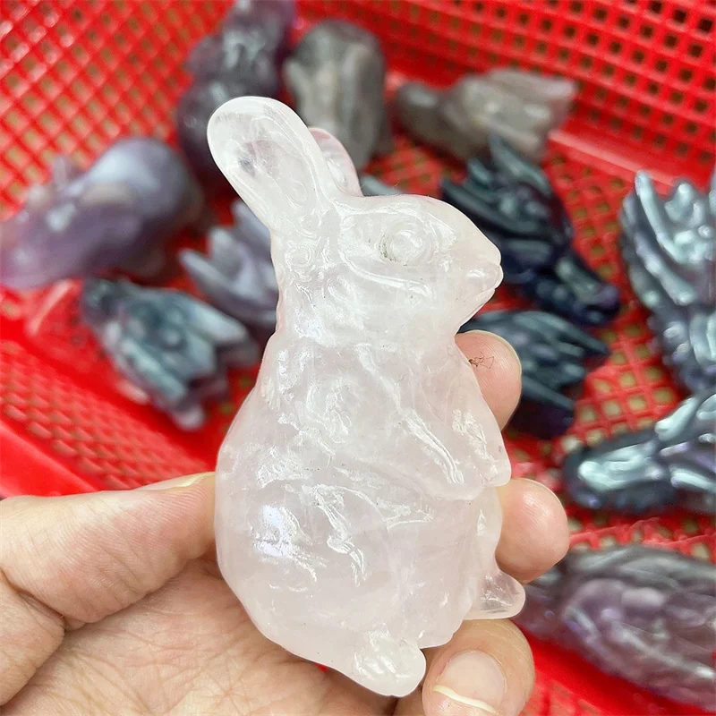 Natural Rose Quartz Rabbit Crystal Carving Cute Animal Home Decoration Healing Energy Stone Healthy Children Birthday Gift 1pcs