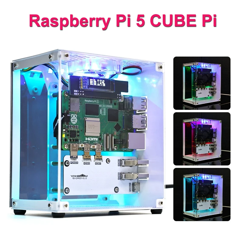 Raspberry Pi 5 CUBE Pi Protective Case with Cooling Fan & RGB Color Light 0.91 inch OLED Dispaly HDMI-compatible Support M.2 SSD