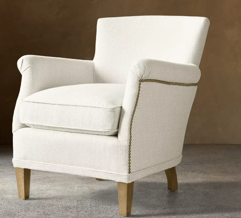 *Rolled Arm Chair With Antique Nailhead Trim  White Textured Fabric Straight Weathered Oak Leg Modern Farmhouse Accent Armchair