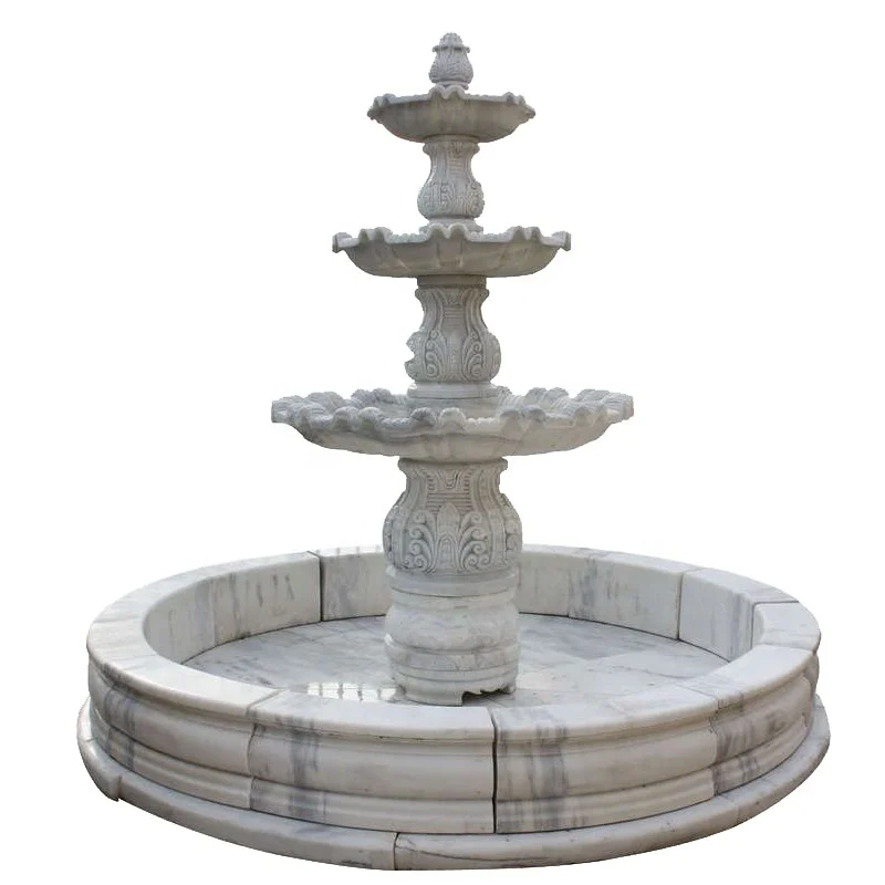 Classic Outdoor 3 Tier White Marble Round Garden Fountain With Pool Base for Sale