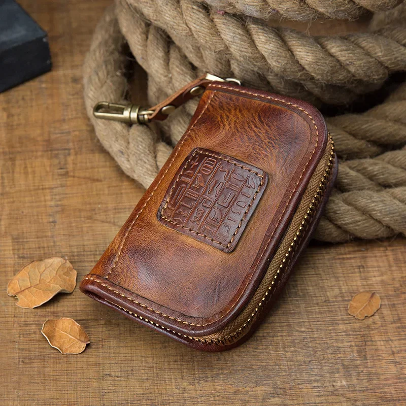 

Handmade Cowhide Bag Men's Zipper Waist Hanging Car Key Bag Leather Purse Women's Bag Leather Key Holder Key Pouch Cartera