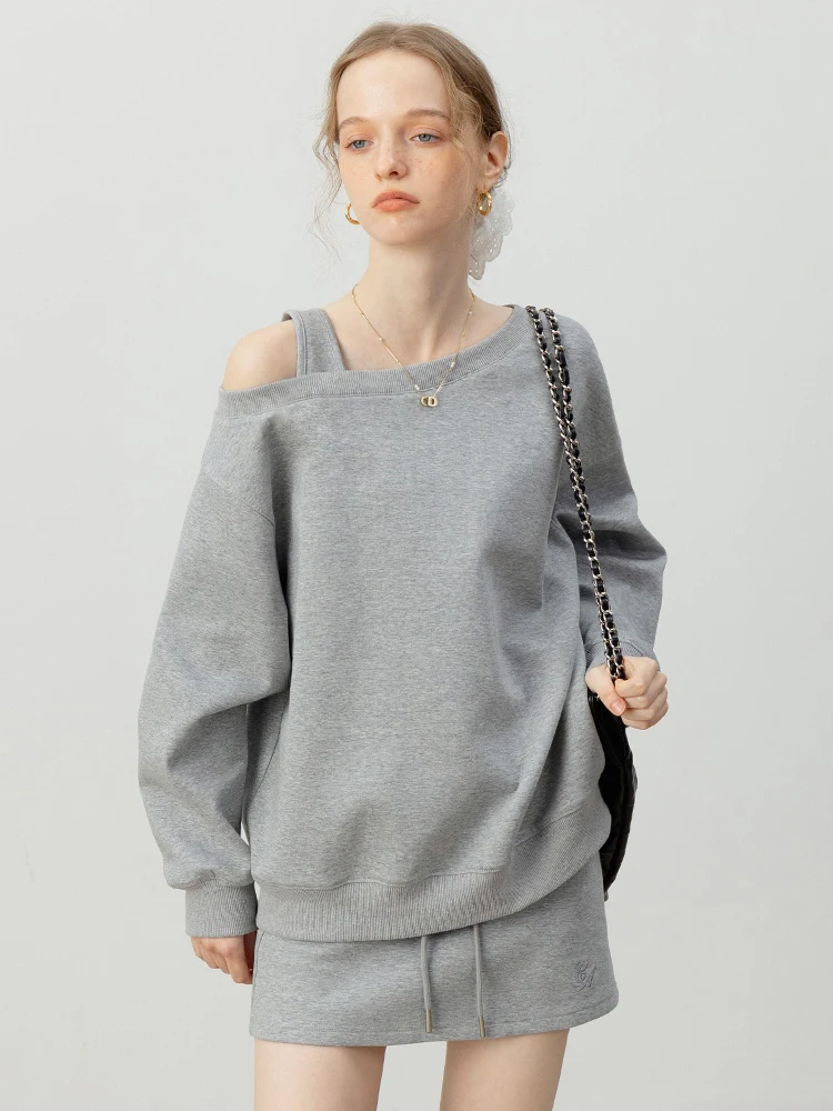 

EGGKA Spring 2025 Pure Color Long Sleeve Shoulder Bared Sweatshirt Women's Korean Style Sporty Half Skirt Fashion Set