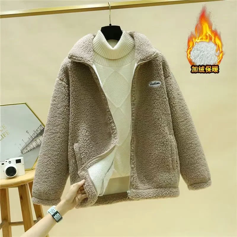 Korean Large Size 4XL Lamb Wool Female Coat Winter Zipper Middle Aged Mother Granular Velvet Top Loose Thickening Ladies Jacket