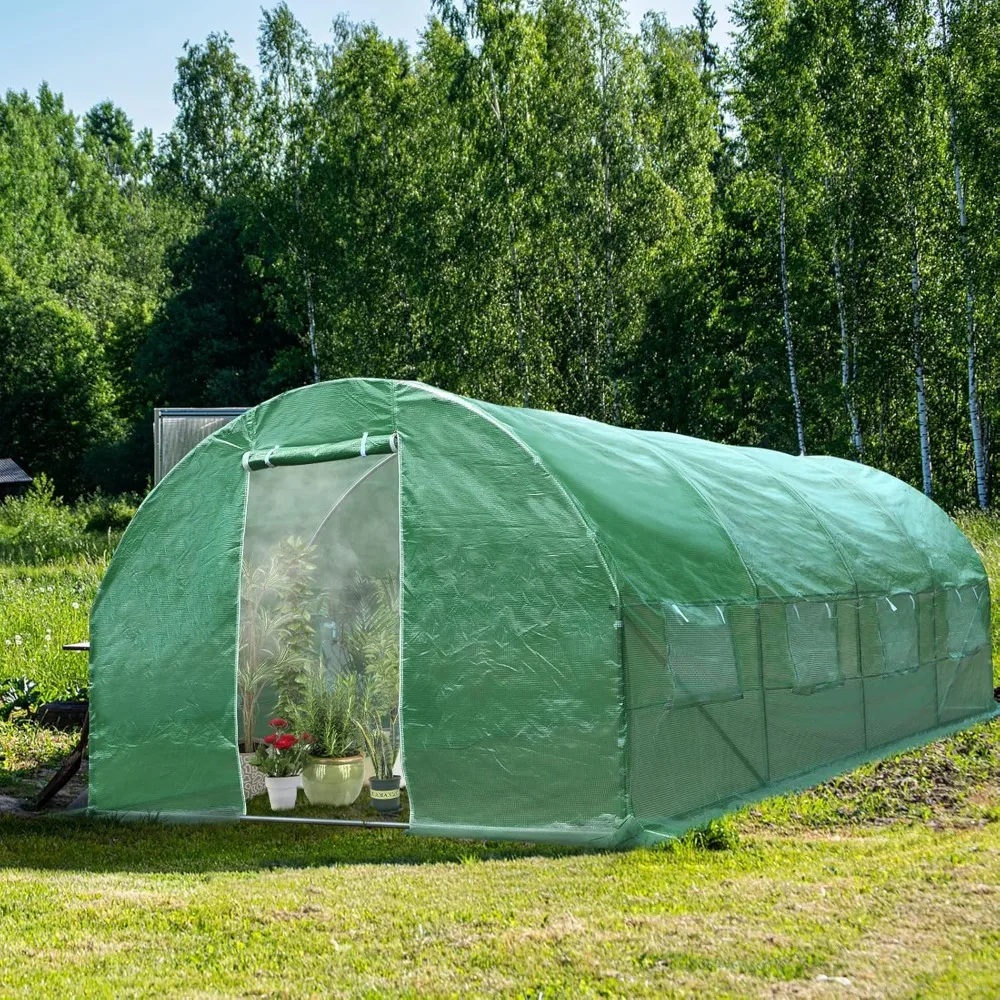 10 x 20 x 6.5 FT Large Walk-in Greenhouse Tunnel Plants Growing Tent with 2 Zippered Doors & 8 Roll-up Windows, Solid