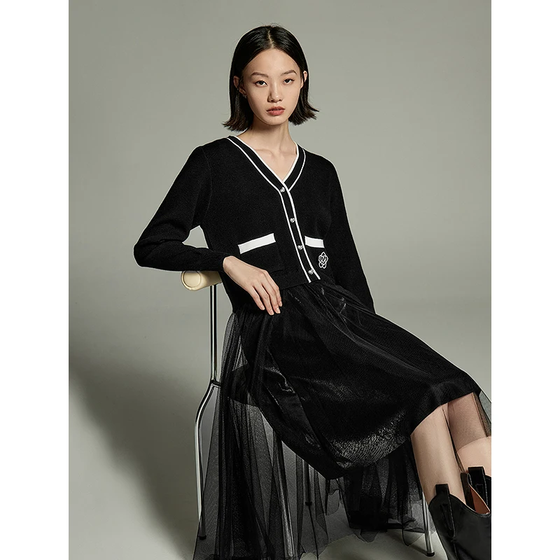 Toyouth Women Knit Mesh Dress 2023 Autumn Long Sleeve V Neck A-shaped Flower Bead Heart Shaped Button Elegant Black Skirt