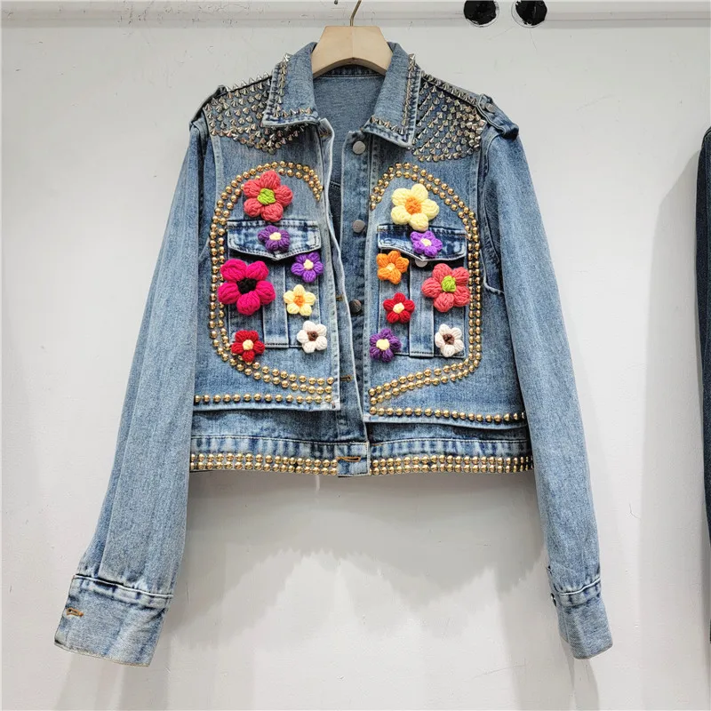 

2023 New Heavy Industry Design Feel Nail Beads Hand Sewn Flowers Show Thin Versatility Short Denim Coat Women's jackets