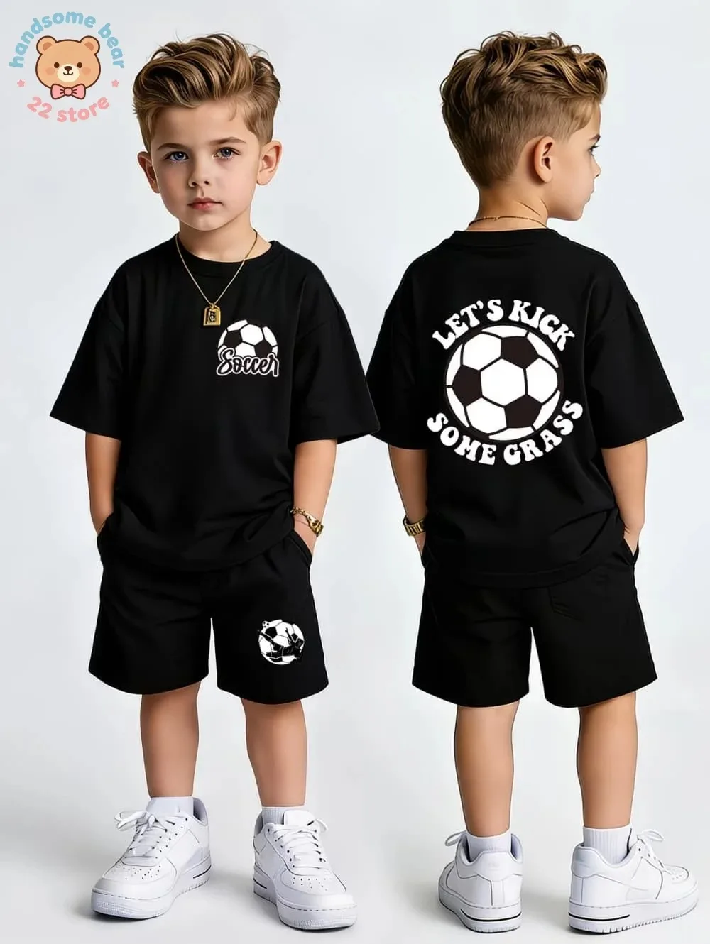 Sommer-Bekleidungsset für Kinder Fußball-Print T-Shirt Shorts 2-teiliges Outfit Kinder Sport Freizeitanzug Baumwolle Teenager-Jungen Kleidung – Detail 2