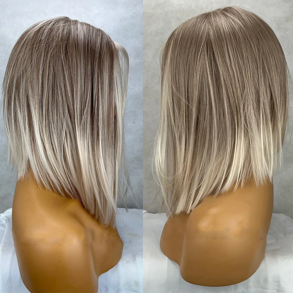 Glueless Wigs Ash Blonde Highlights Lace Front Wig Silky Straight Bob Wig Ombre Dark Roots HD Lace Japanese Synthetic Fiber