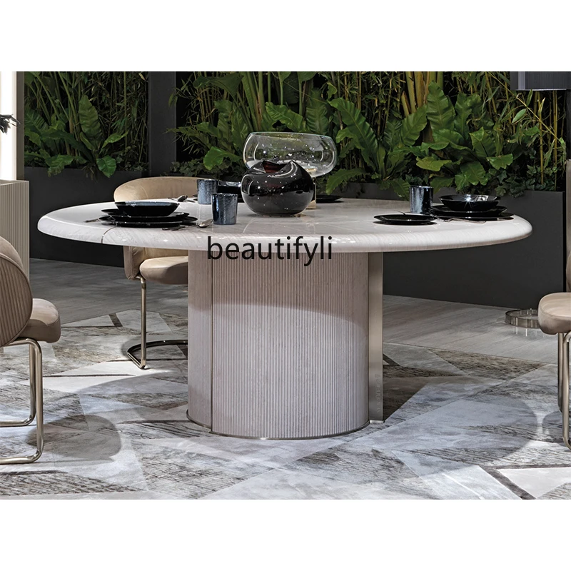 Italian Light Luxury round Natural Marble Dining-Table Italian Design Stainless Steel Dining Chairs Household Dining Table