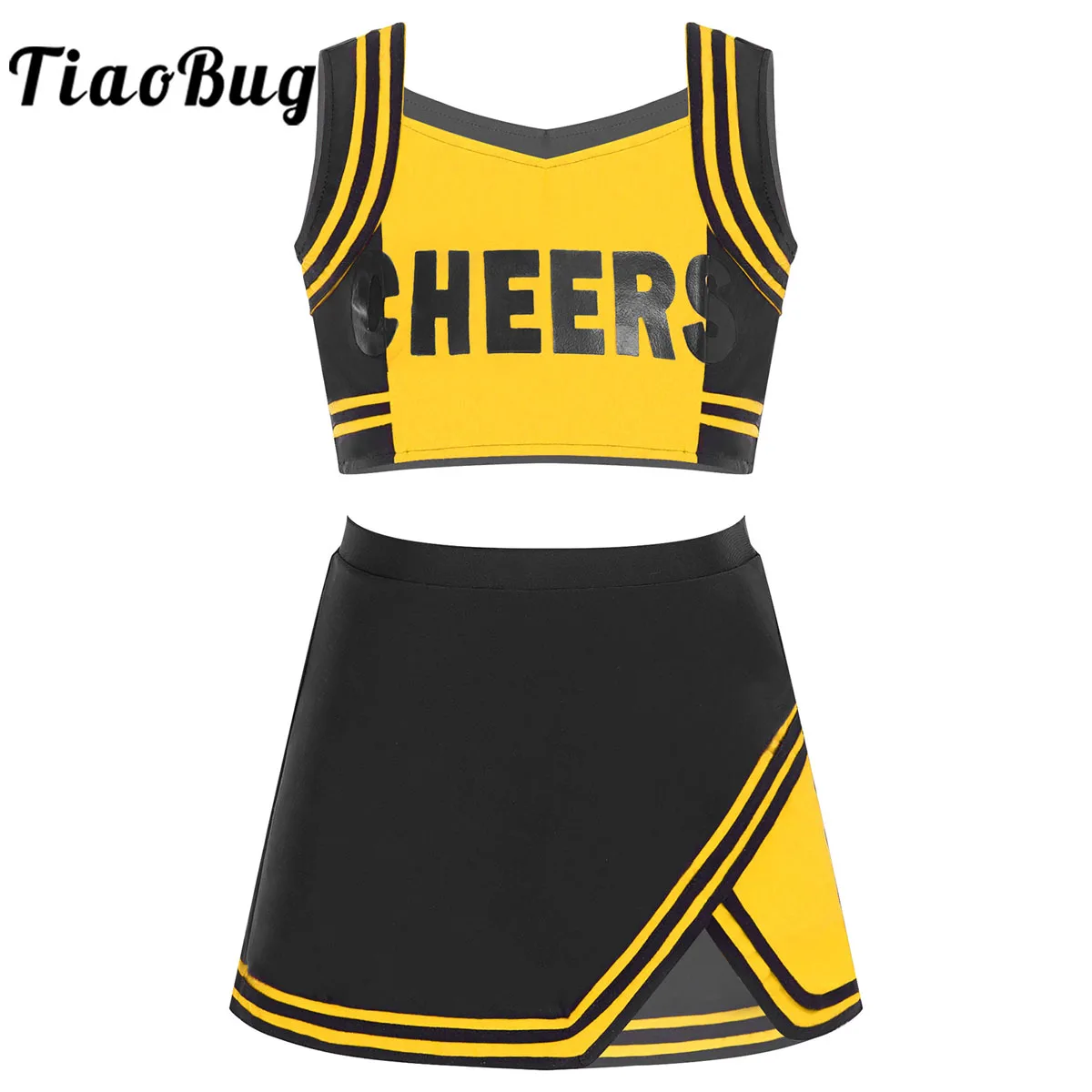 Kids Girls Cheerleading Dancewear Outfits 2pcs Cheerleader Uniform Costume Sleeveless Letter Print Crop Top with with Skirt Set