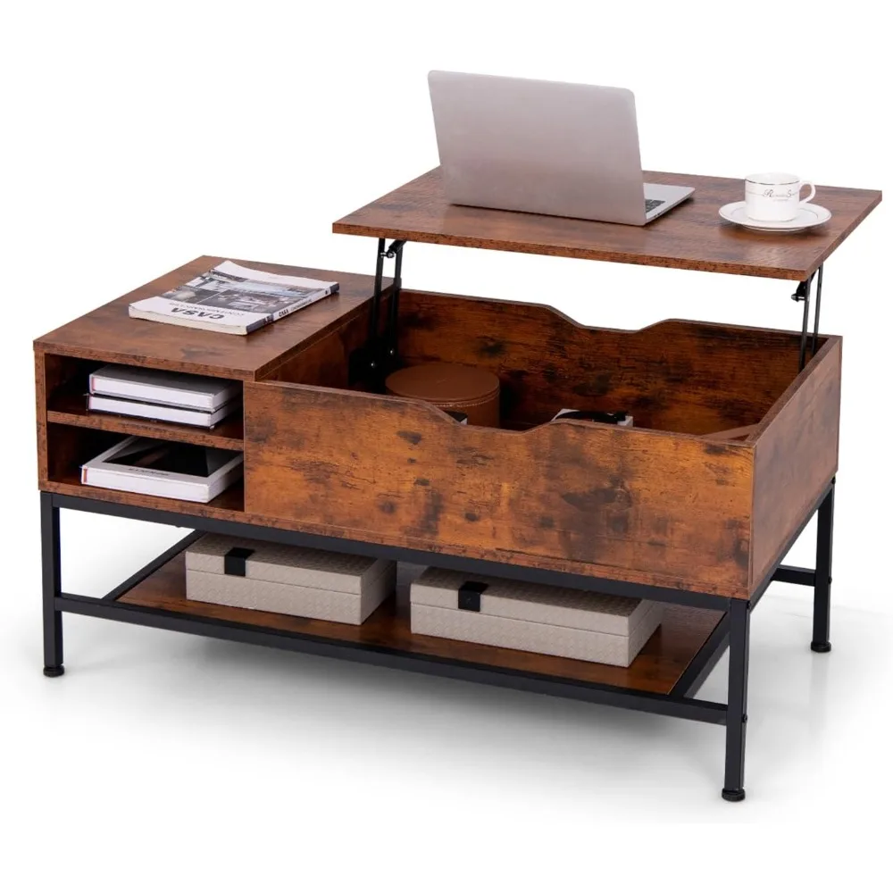 طاولة قهوة قابلة للرفع، طاولة غرفة معيشة صناعية مع حجرة مخفية ورف تخزين قابل للإزالة، مركز علوي قابل للطي #1