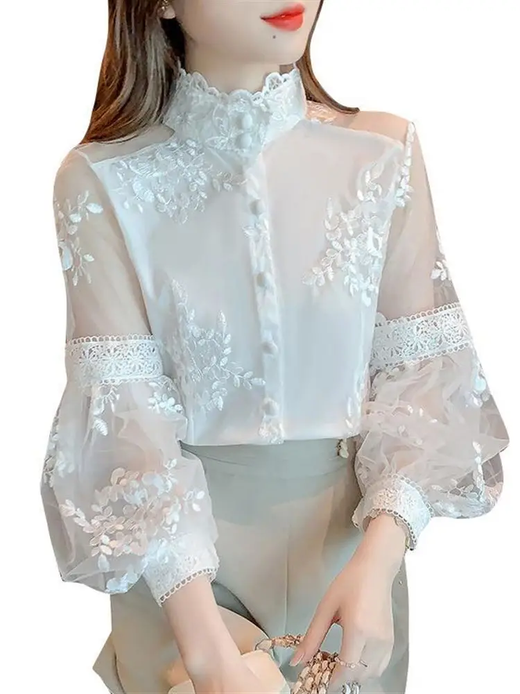 Lente 2024 Geborduurde Kanten Lantaarn Sve Dames irt Design Sensation Small ence Court Sle Long Sve Opstaande Kraag