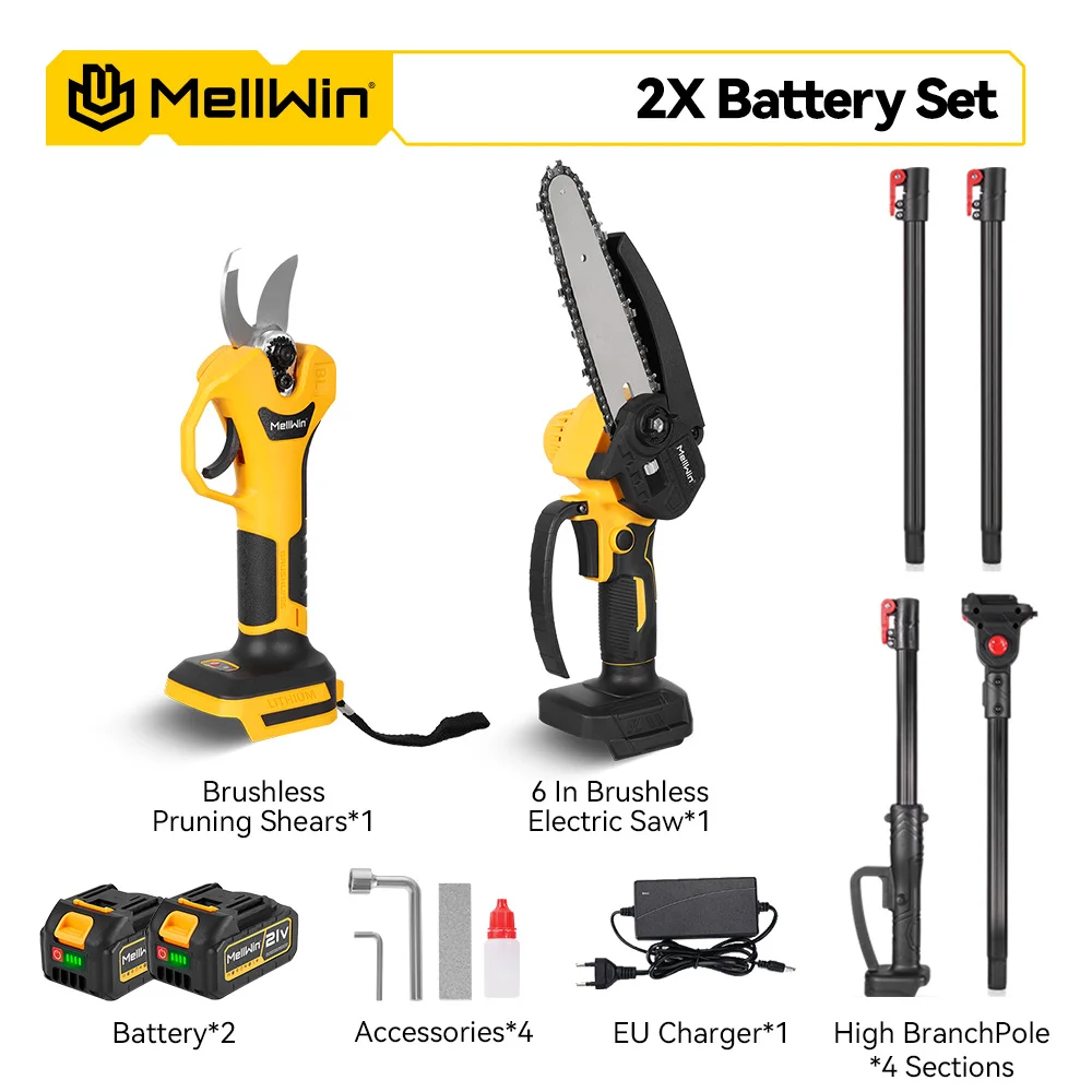 MELLWIN 3-in-1 Borstelloze 6 Inch Kettingzaag & 30MM Snoeischaar Set met 2M Telescopische Steel Tuin Gereedschap voor Makita 18V Accu