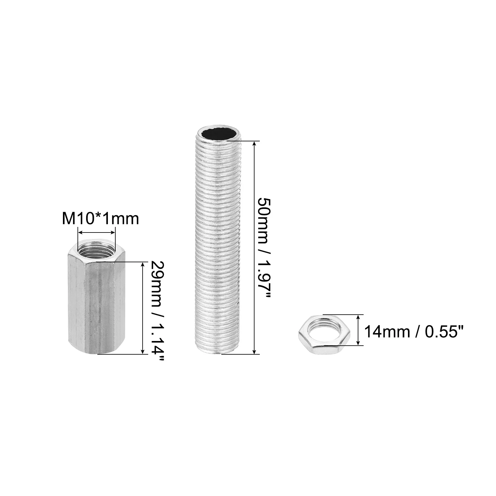 32/40Pcs M10 Fine Thread Lamp Pipe Repair Parts Kits M10x15-30 Metal Hexagon Closed Coupling Nut with Threaded Pipe and Hex Nut