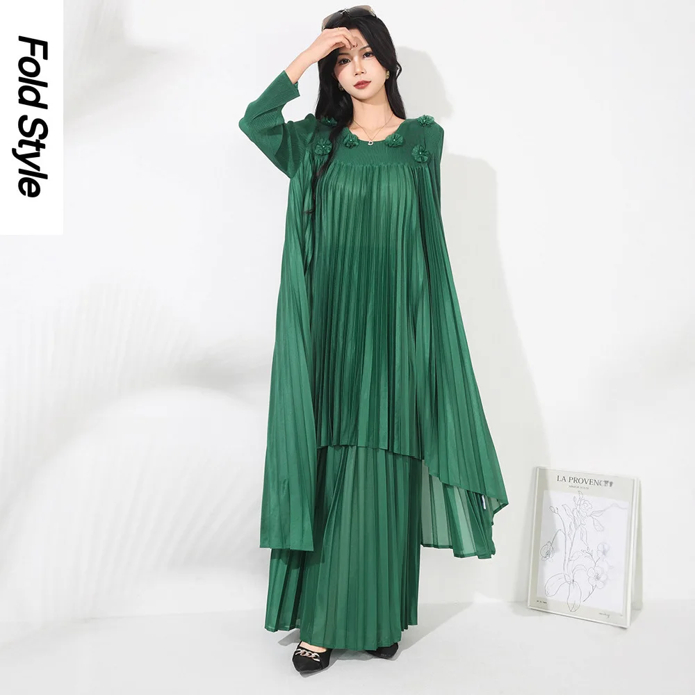 

Miyake Fashion Temperament Suit High-end Loose Medium and Long Pullover Top, High Waist Drape Wide-leg Pants Women Two-piece Set