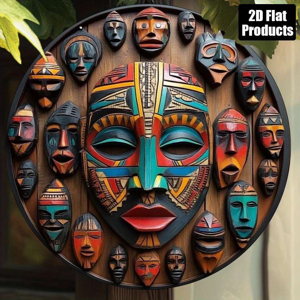 2D flach 1 Stück, rundes Design, Wandbehang, afrikanisches Maskenthema, rundes Aluminiumschild, dekorative Kunst, Vintage-Dekoration, hoch
